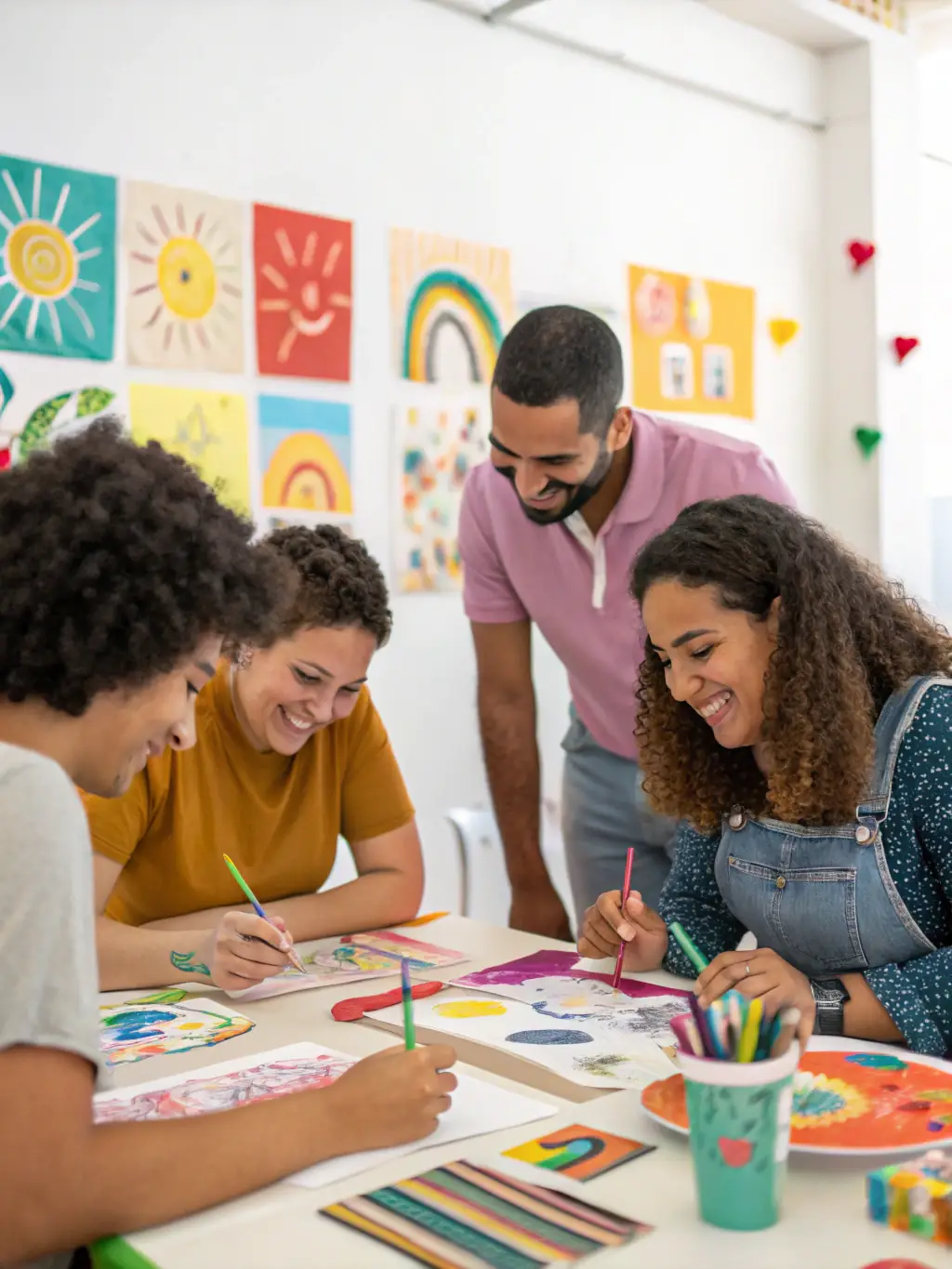A photograph capturing a diverse group of people participating in an interactive art workshop at ART AT THE HEART OF THE VINES, showcasing community engagement and creative expression.